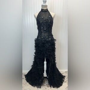 Vintage Jovani Black Sheer Lace Ruffle Hi-lo Evening Gown Sz 4